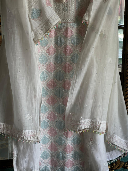 White Multi Shade Mulmul Pearl White Chikankari Ready to Wear Kurta Set