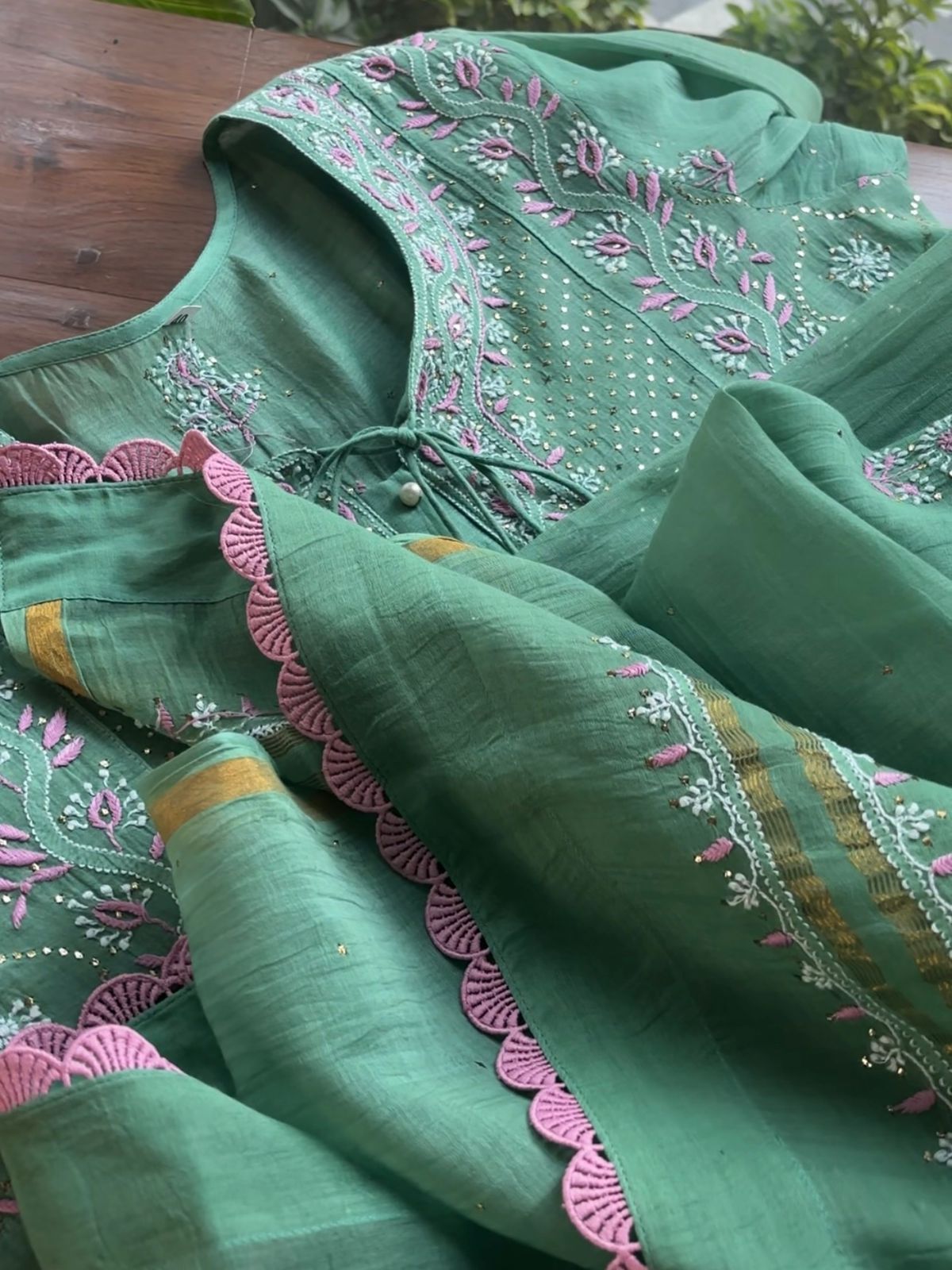 Green & Soft Pink Shade | Malmal Mukaish Kamdani Chikankari Stitched Kurta Dupatta Set