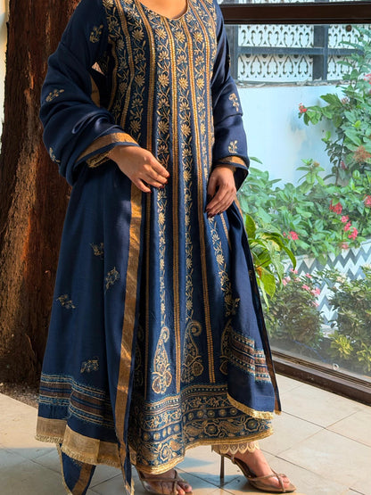 Roheen Blue Moonga Silk Chikankari Anarkali With Dupatta