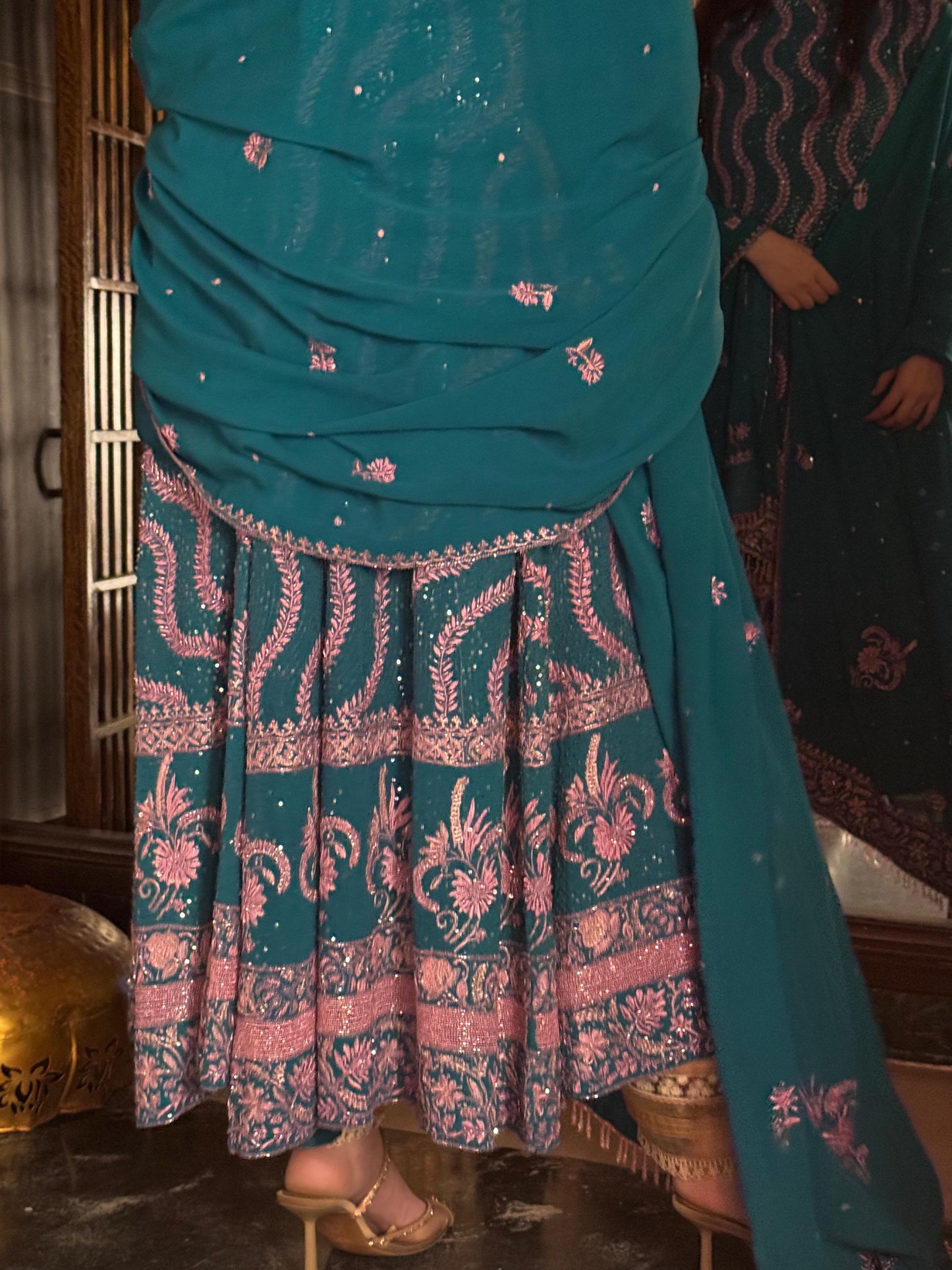 Prussian Blue Sequinned Georgette Chikankari Anarkali