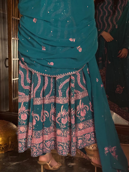 Prussian Blue Sequinned Georgette Chikankari Anarkali