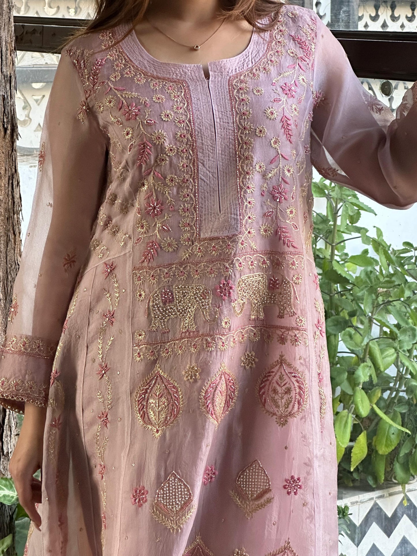 Mauve Pink Shade Noor Organza Chikankari A Line Kurta With Dupatta