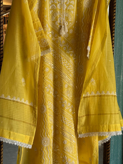 Yellow Mulmul Pearl White Chikankari Ready to Wear Kurta Set