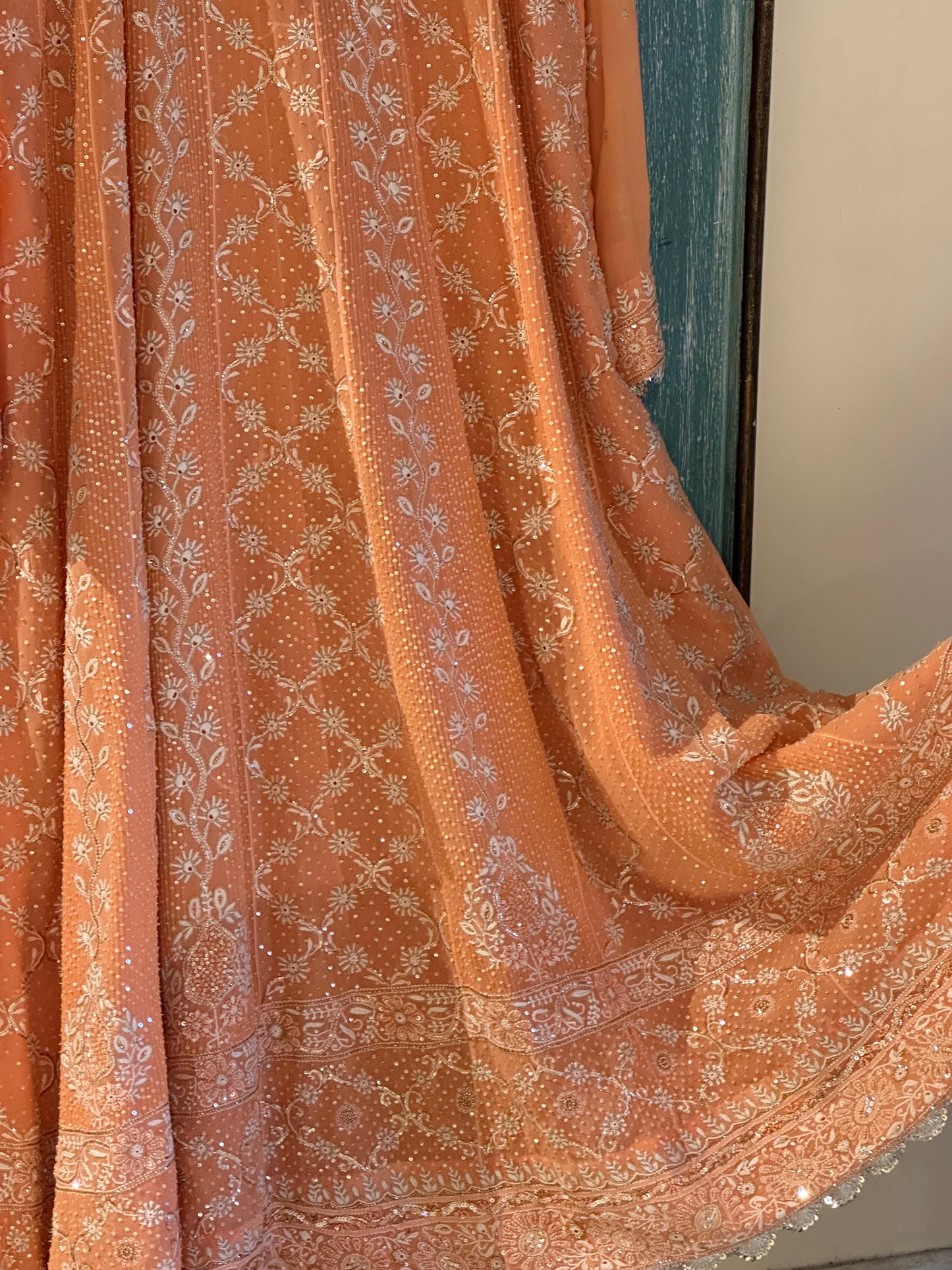 SAFFRON PEACH TUKDI CHIKANKARI ANARKALI