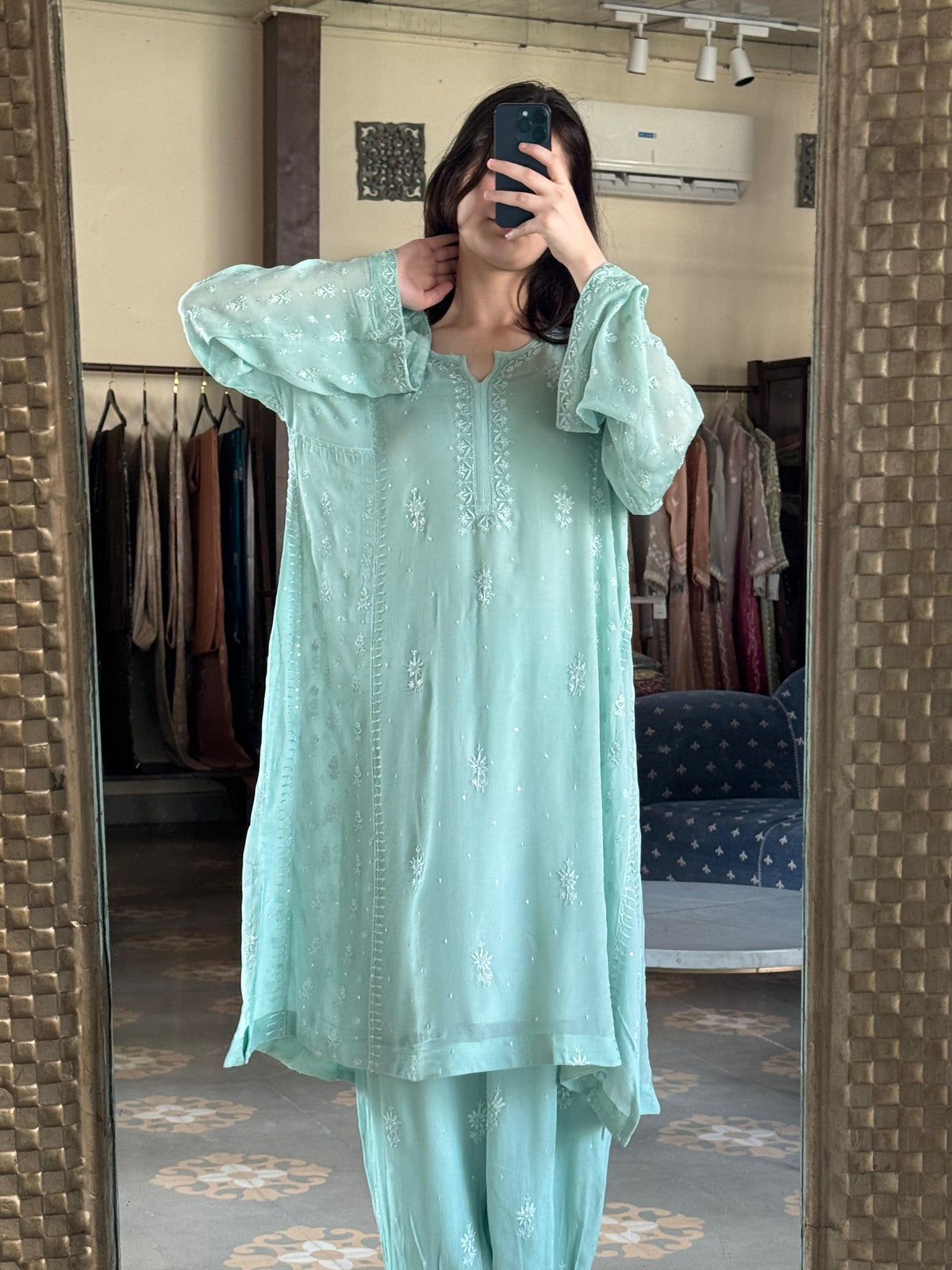 Pastel Sea Green Chiffon Kurta with Afghani Salwar – Fine Chikankari Work
