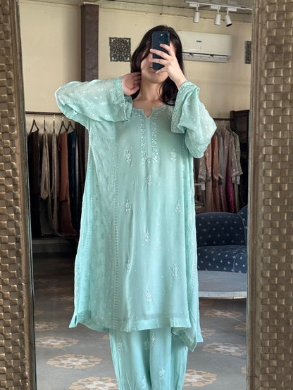 Pastel Sea Green Chiffon Kurta with Afghani Salwar – Fine Chikankari Work