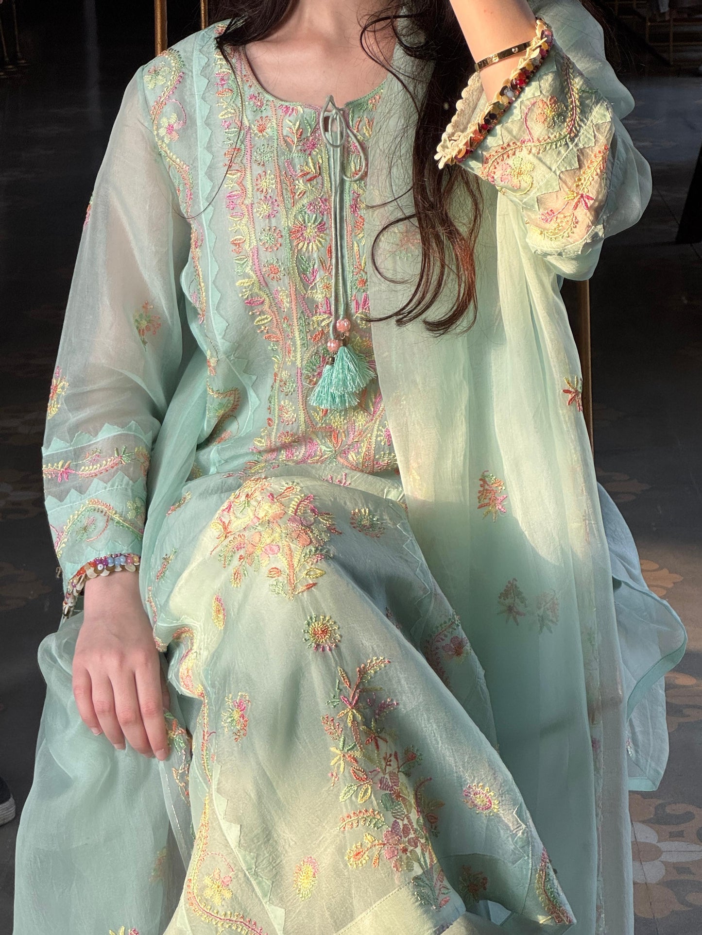 Mint Blue Multi Coloured Noor Organza Resham Chikankari Kurta Set