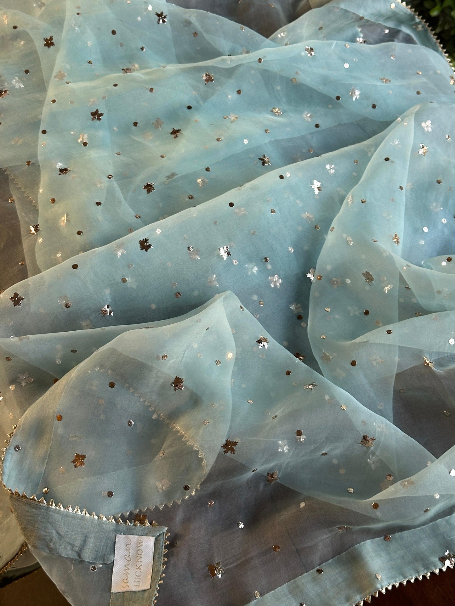Sea Green Shade Noor Organza Silk Badla Unstitched Kurta Dupatta Set