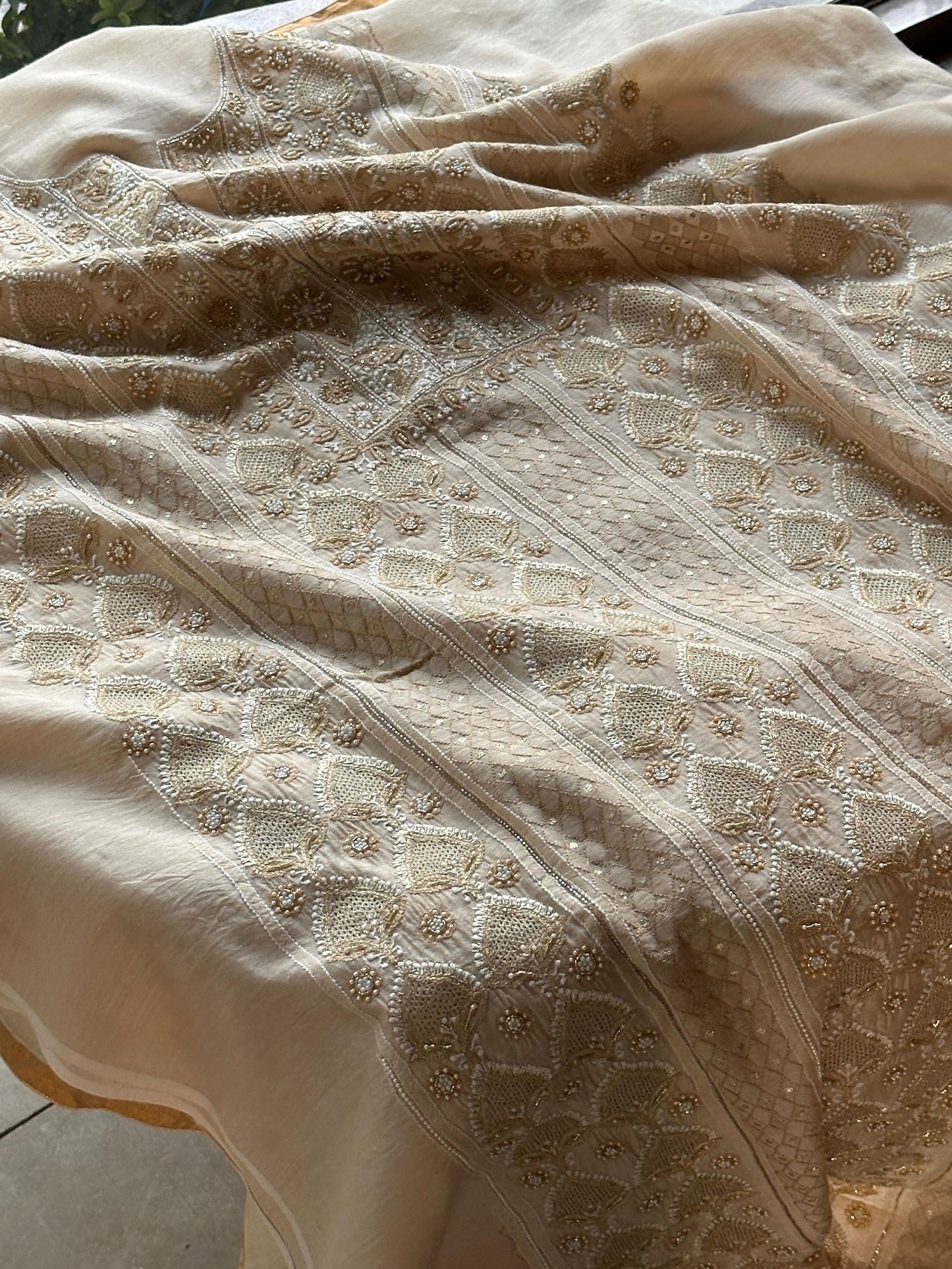 Natural Moonga Silk Chikankari Unstitched Fabric