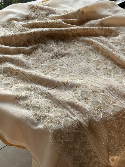 Natural Moonga Silk Chikankari Unstitched Fabric