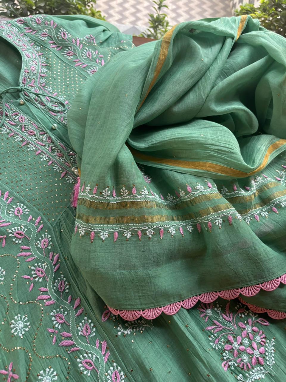 Green & Soft Pink Shade | Malmal Mukaish Kamdani Chikankari Stitched Kurta Dupatta Set