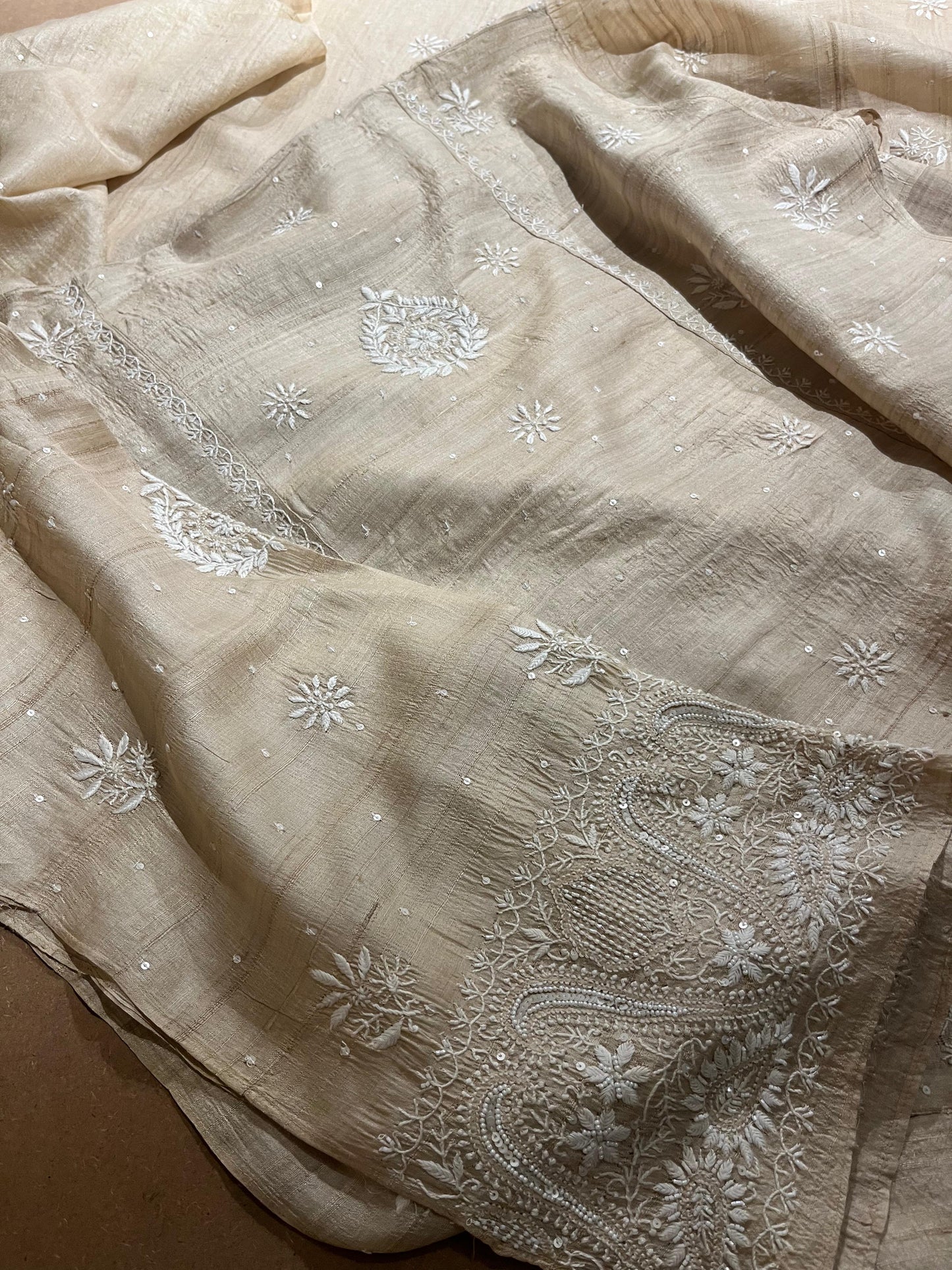 Semi Stitched Natural Shade Tussar Silk Chikankari Kurta Dupatta Sets