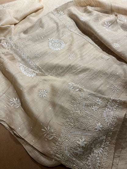 Semi Stitched Natural Shade Tussar Silk Chikankari Kurta Dupatta Sets