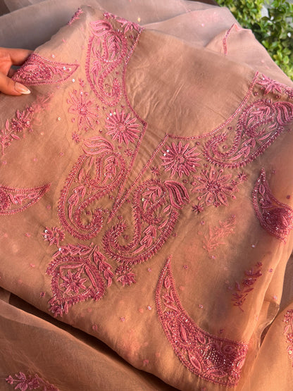 Beige & Pink Noor Organza Silk Chikankari Unstitched Kurta Dupatta Set