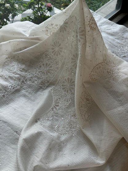 Off White Shade Tissue Zari Kota Chikankari Unstitched Fabric