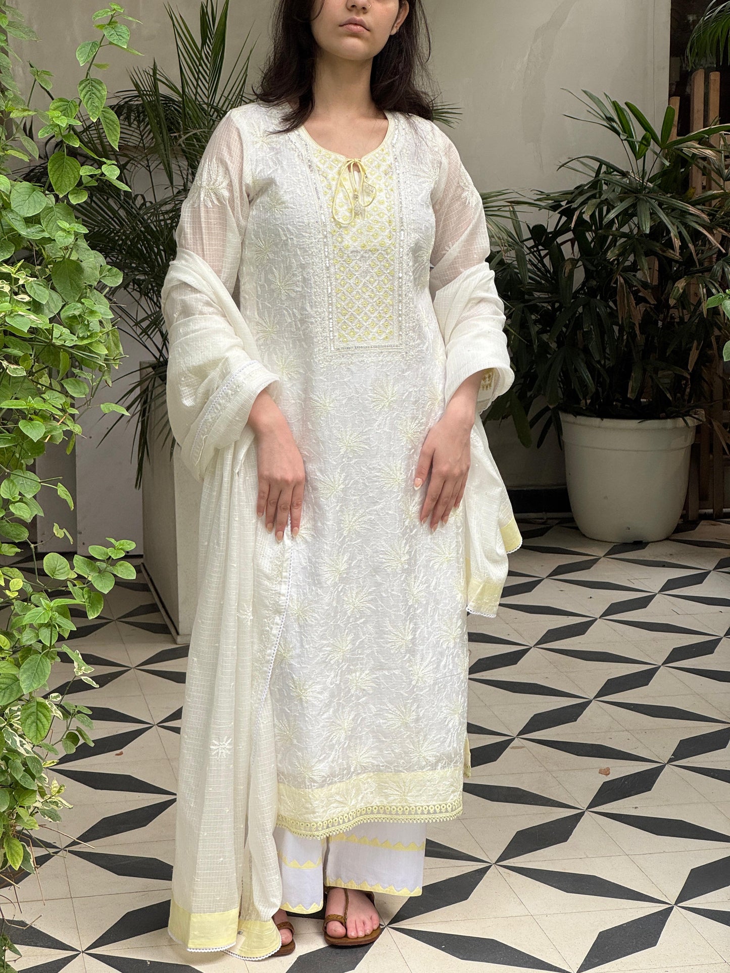 White & Lemon Shade Kota Pearl Work Chikankari Kurta Set