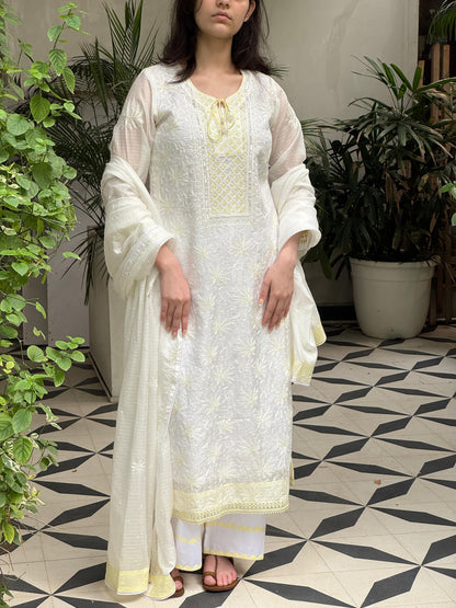 White & Lemon Shade Kota Pearl Work Chikankari Kurta Set