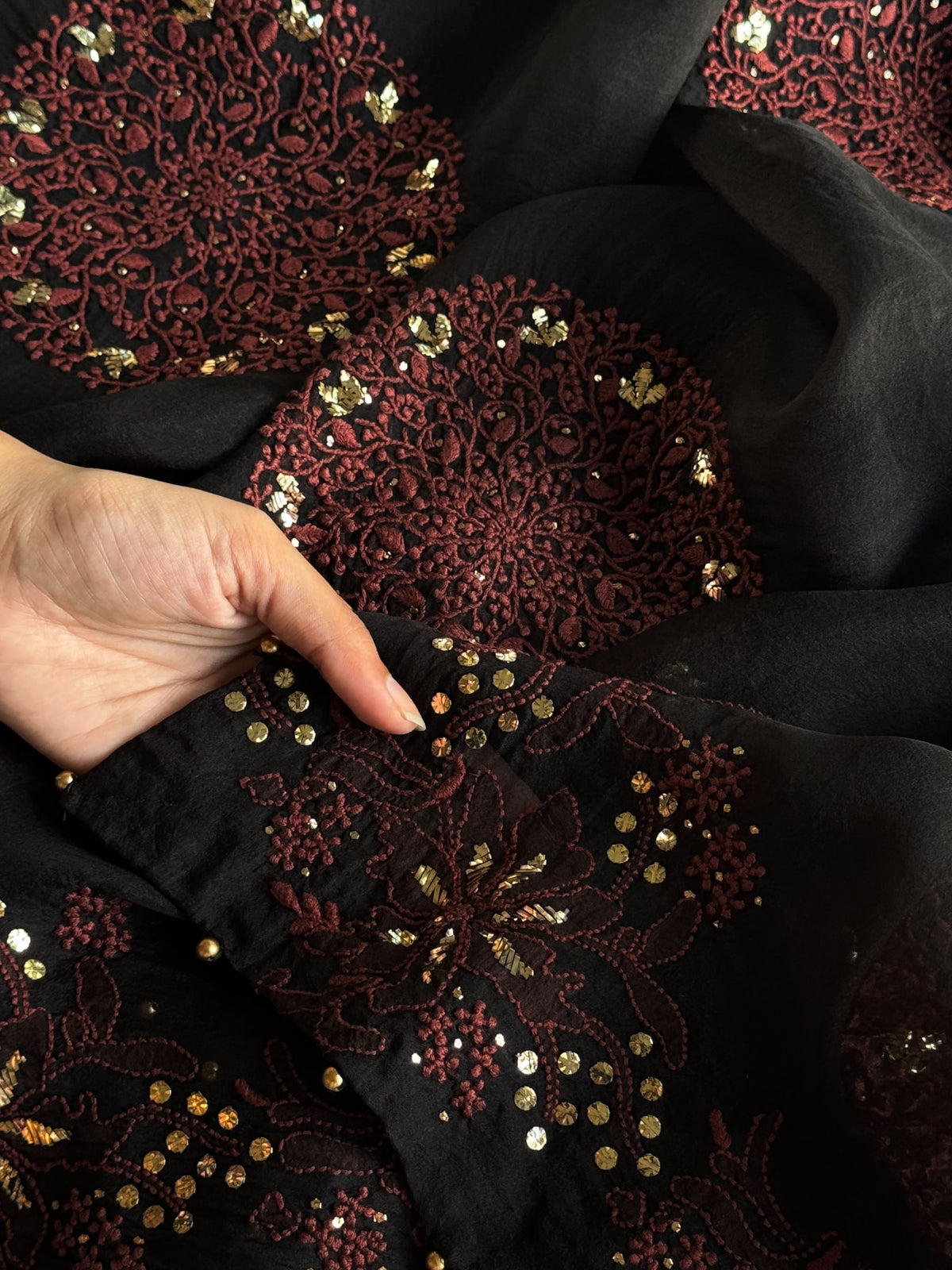 Black & Rust Red Shade Coral Motif Fine Chikankari Organza Mukaish Dupatta