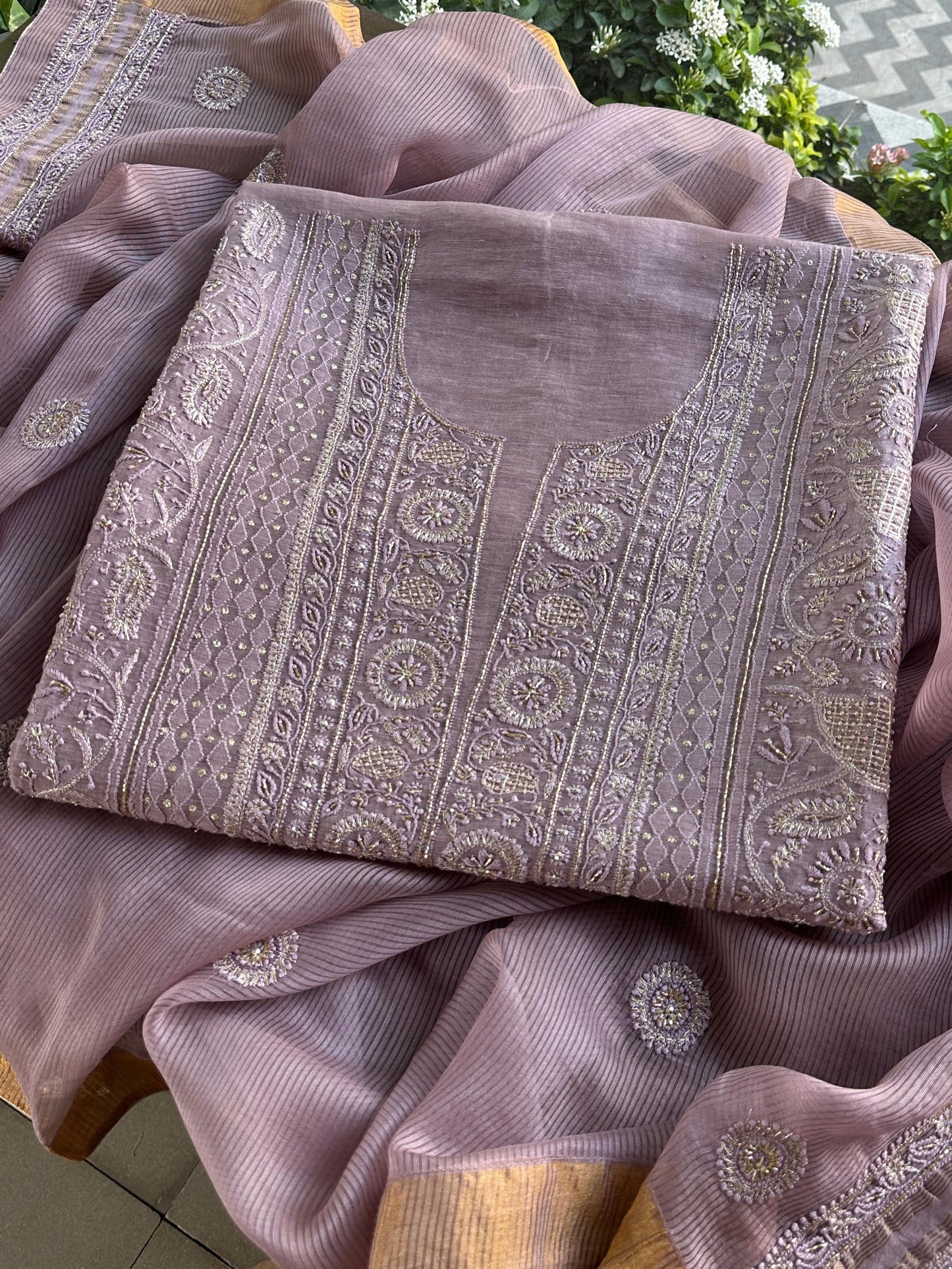 Purple Shade Linen Silk Chikankari With Ari Work Unstitched Kurta Dupatta Set