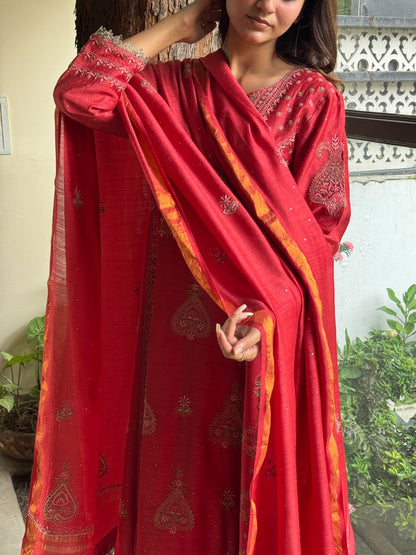 Brick Red Moonga Silk Chikankari Anarkali With Dupatta