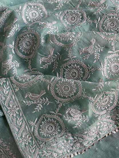 Mint Green Sparrow Motif Noor Organza Chikankari Saree With Blouse