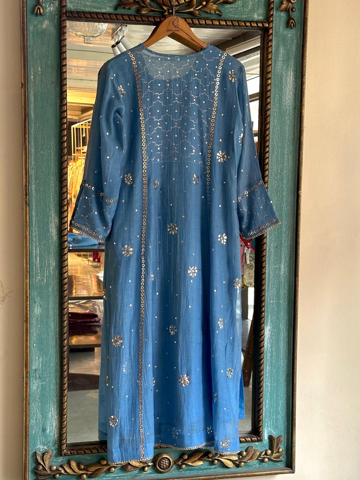 Powder Blue Shade Mukaish Mul Chanderi Silk Dress