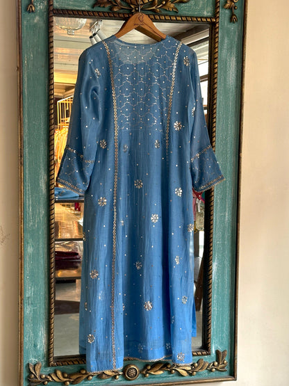 Powder Blue Shade Mukaish Mul Chanderi Silk Dress