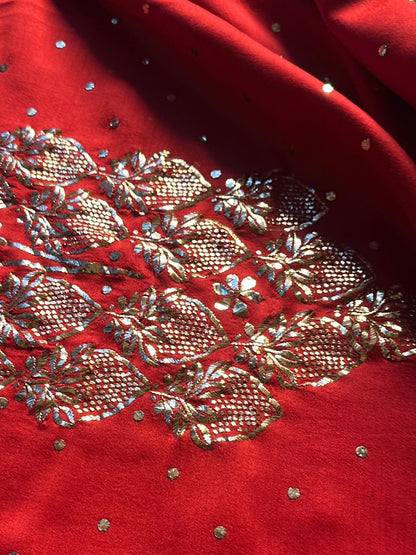 Red Chanderi Silk Mukaish Badla Unstitched Fabrics