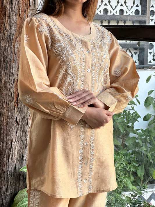 Beige Chanderi Chikankari Co-Ord Set