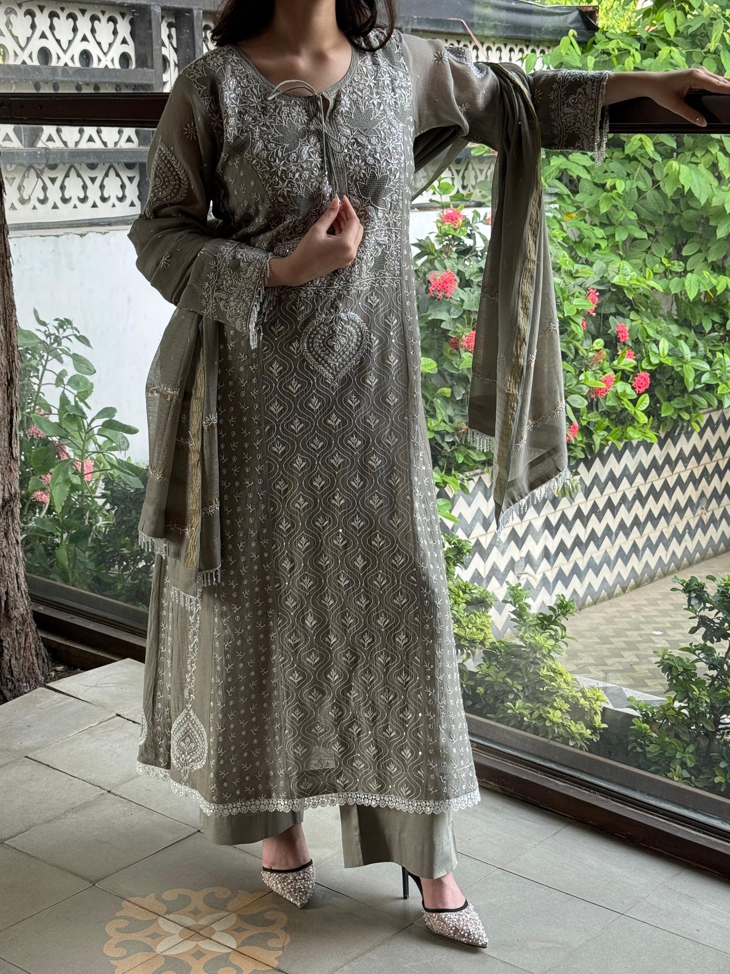 Slate Grey Shade Malmal Pearl Work Chikankari Anarkali