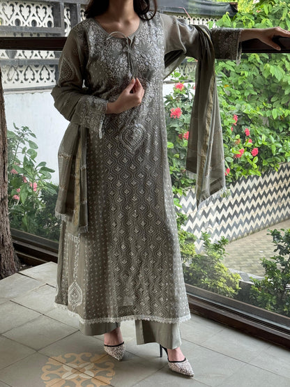 Slate Grey Shade Malmal Pearl Work Chikankari Anarkali