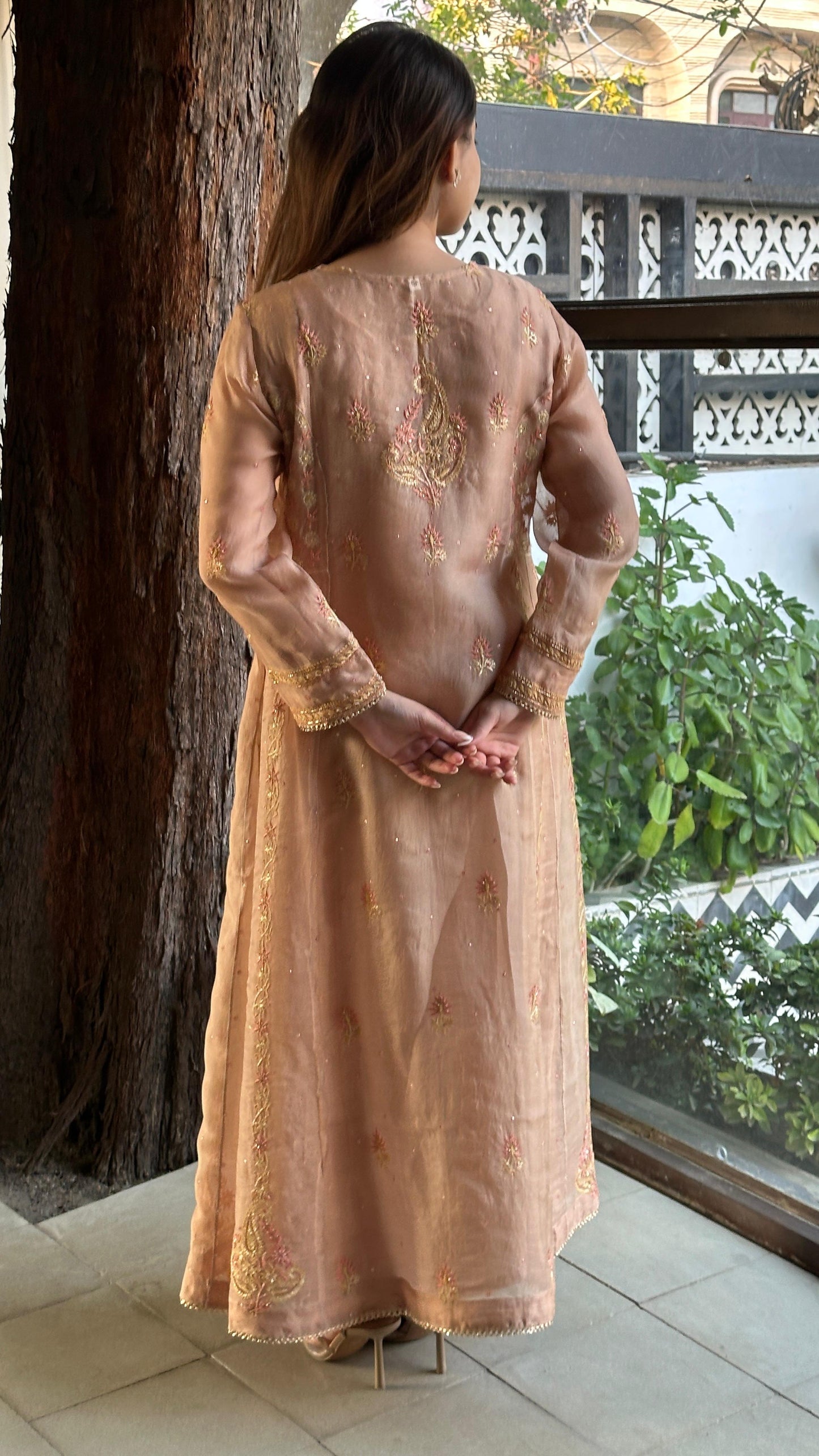 Almond Pink Noor Organza Chikankari A Line Kurta With Dupatta