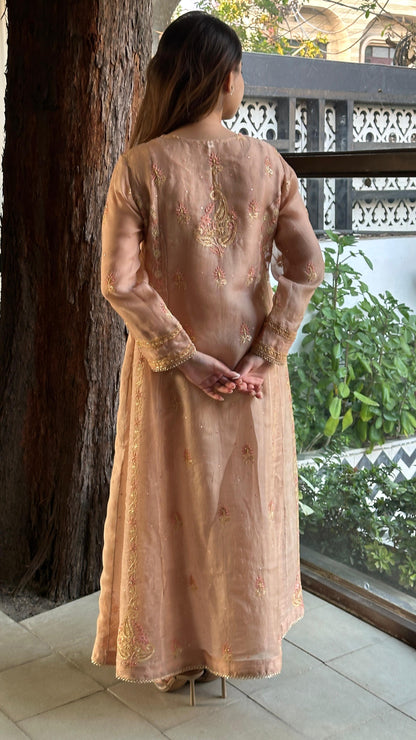 Almond Pink Noor Organza Chikankari A Line Kurta With Dupatta