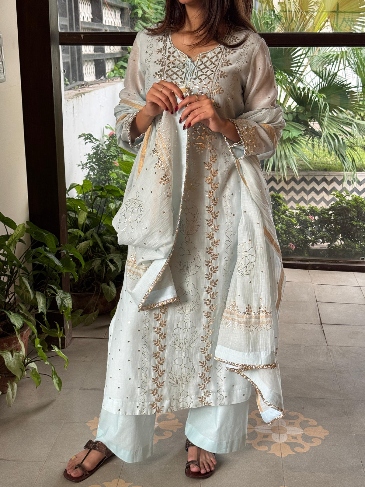 Ice Blue Mukaish Mul Chanderi Silk Ready To Wear Dress