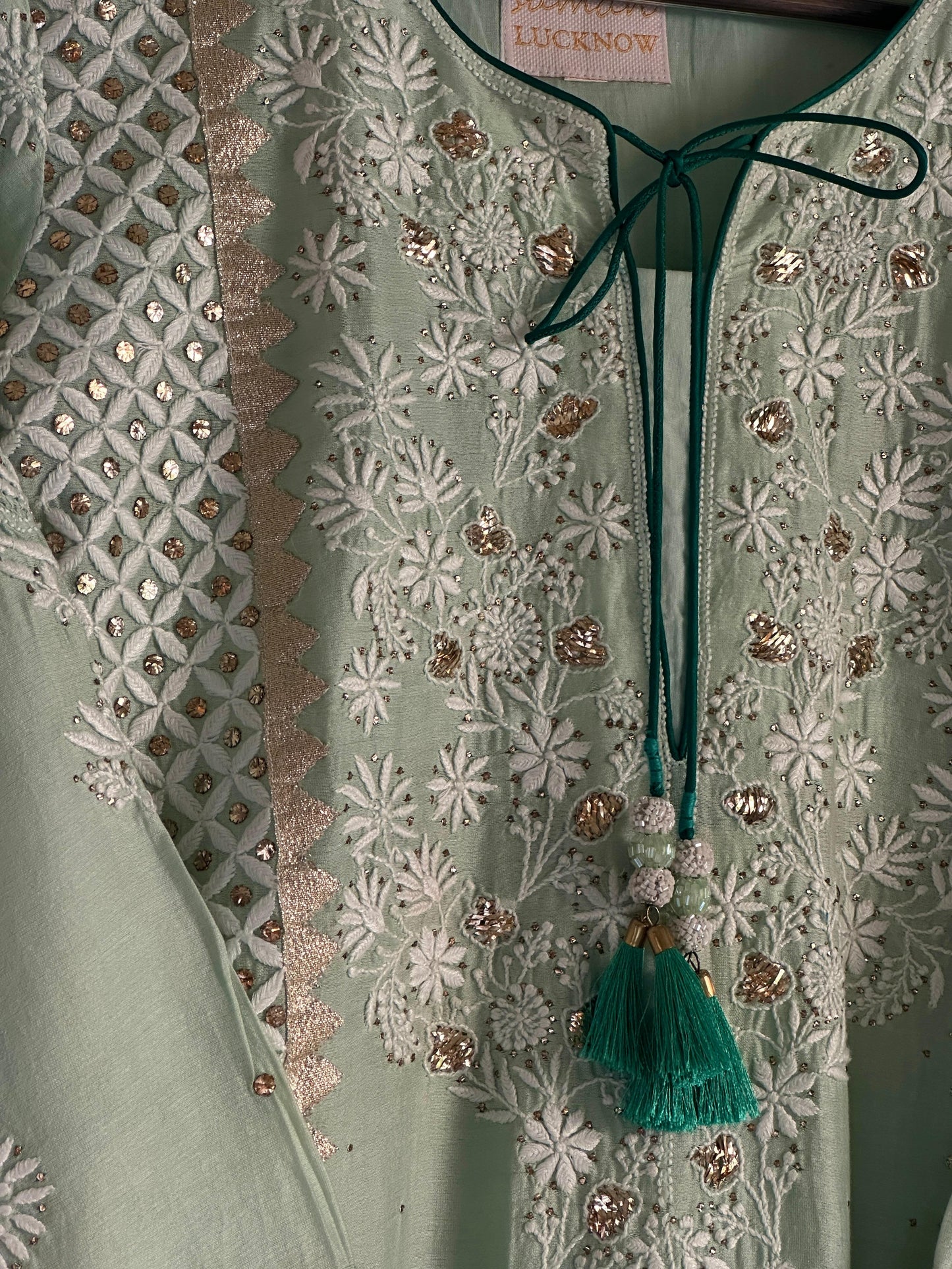 Sea Green & Teal Shade Chanderi Daraz Applique Chikankari Mukaish Kurta Dupatta Set