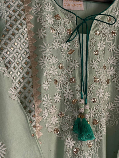 Sea Green & Teal Shade Chanderi Daraz Applique Chikankari Mukaish Kurta Dupatta Set