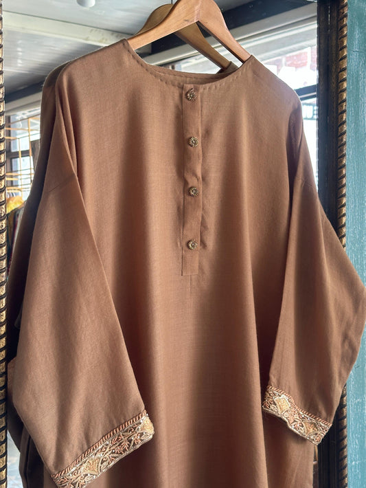 French Beige Shade Kashmiri Pashmina Phiran with Handcrafted Ari & Chikankari Embroidery