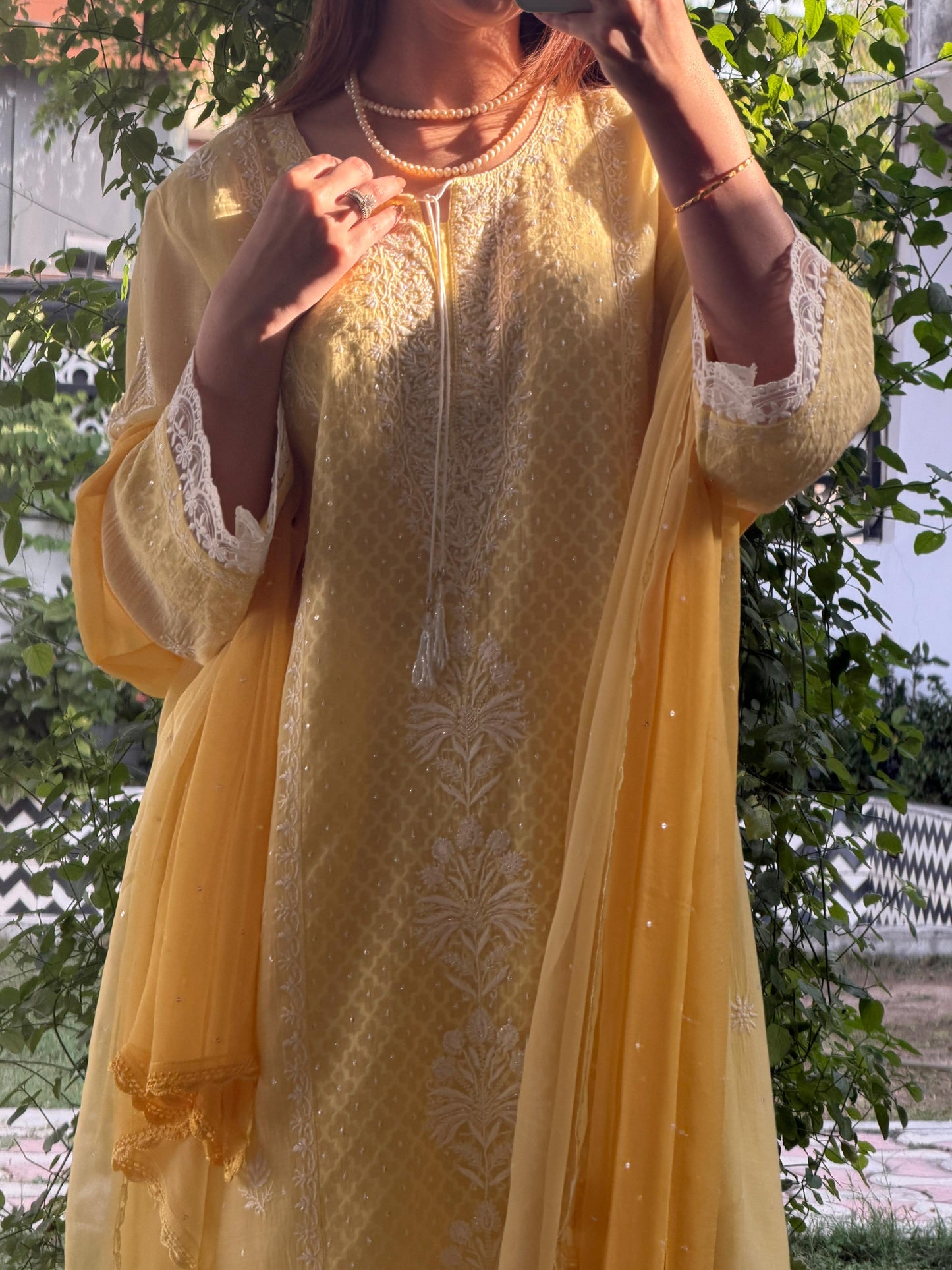 Yellow Shade Jacquard Loose Cut Chikankari Co-Ord Set