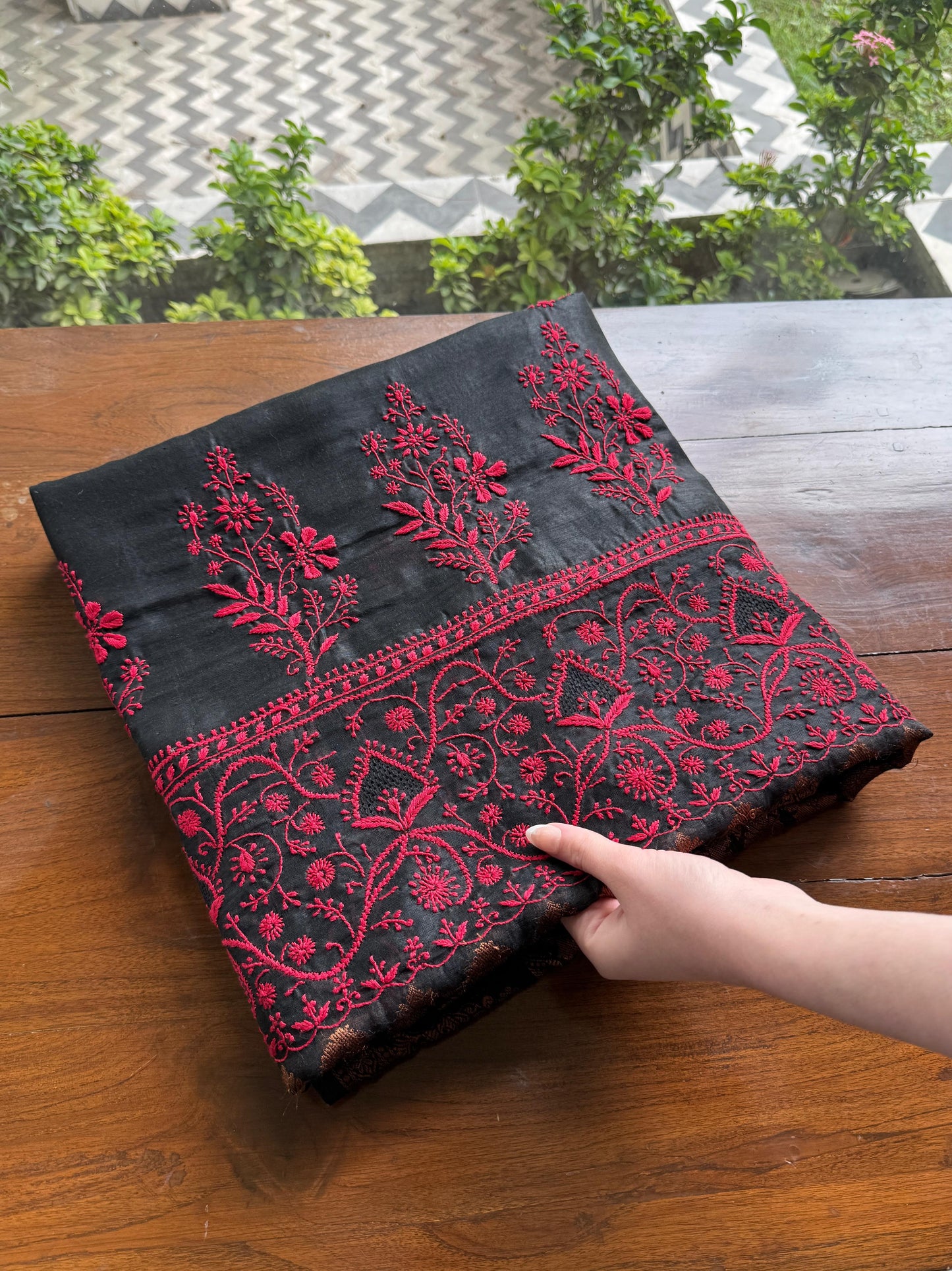 Black & Red Chanderi Saree with Chikankari Embroidery & Banarasi Zari Border