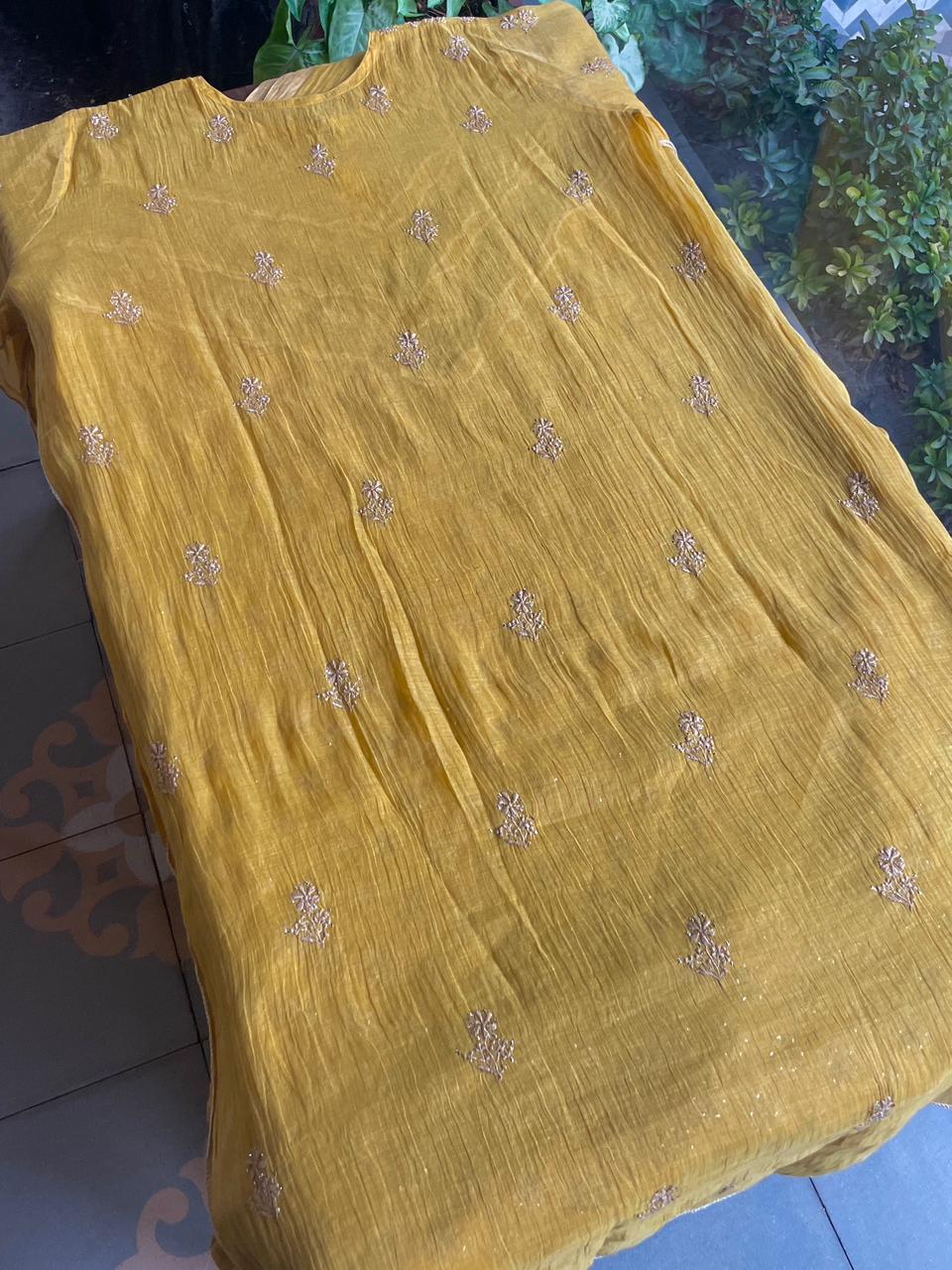 Yellow | Tissue Silk Chikankari Work Kurta Set