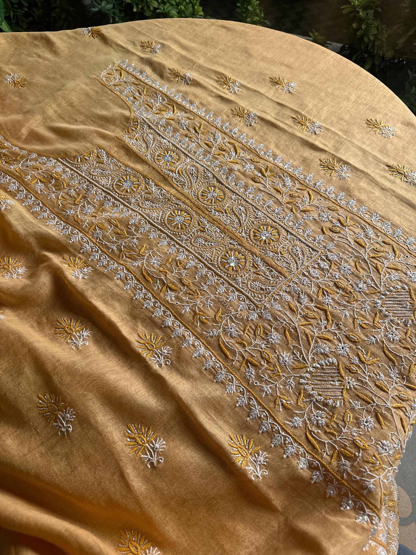 Yellow Tissue Silk Chikankari Unstitched Fabrics