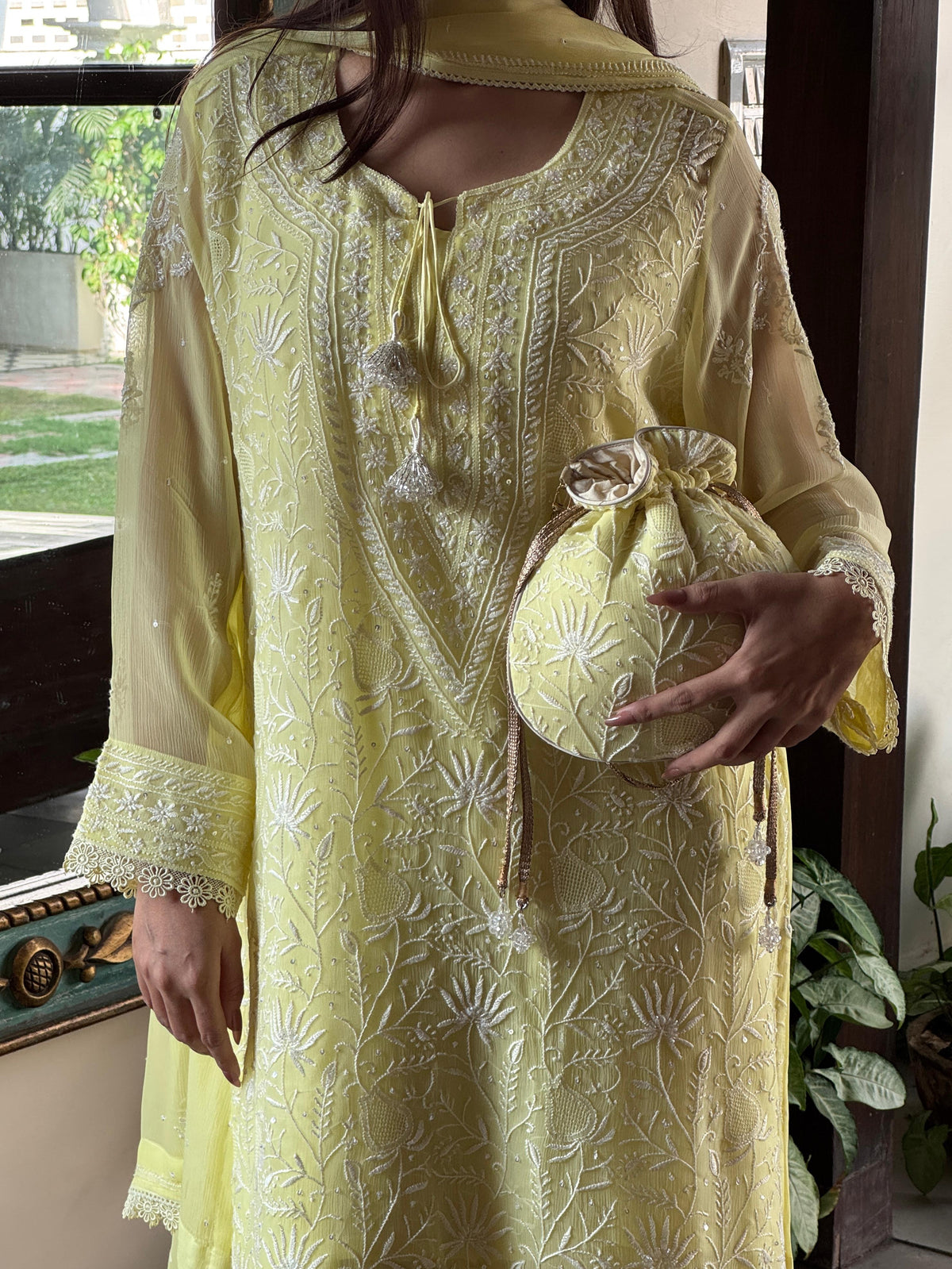 Chiffon Chikankari Sequinned Farshi Salwar with Potli Set