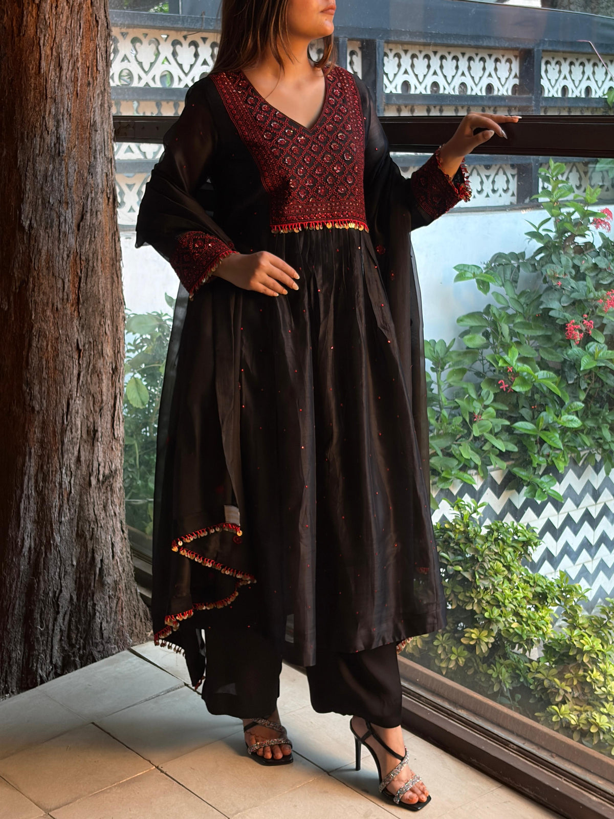 Black Sico (Silk Cotton) Chikankari Tux Kurta Set