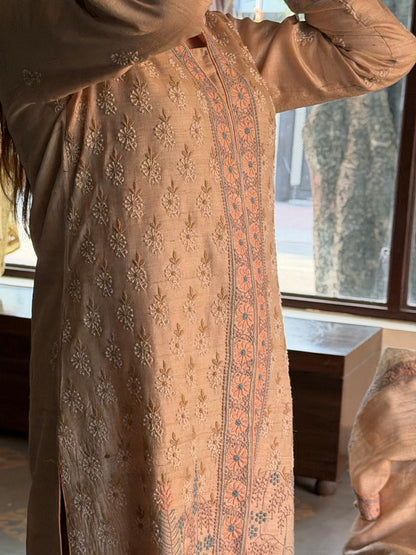 Intricate Natural Tussar Silk Chikankari RTW Jacket Set