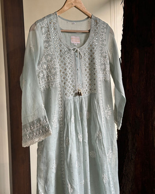 Grey Kota Chikankari with Mukaish Kamdani Tunics