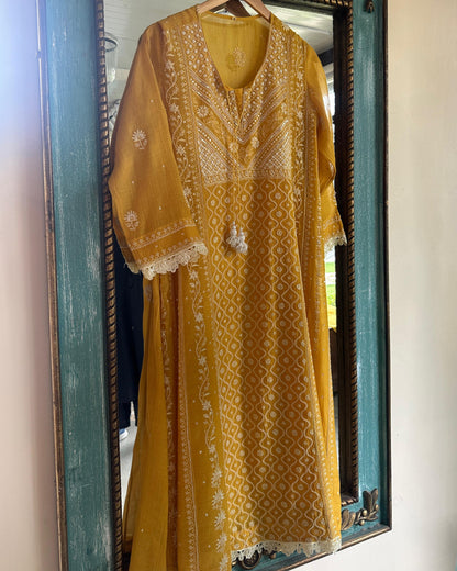 Yellow Malmal Pearl Work Chikankari Kalidar A Line Kurta With Dupatta