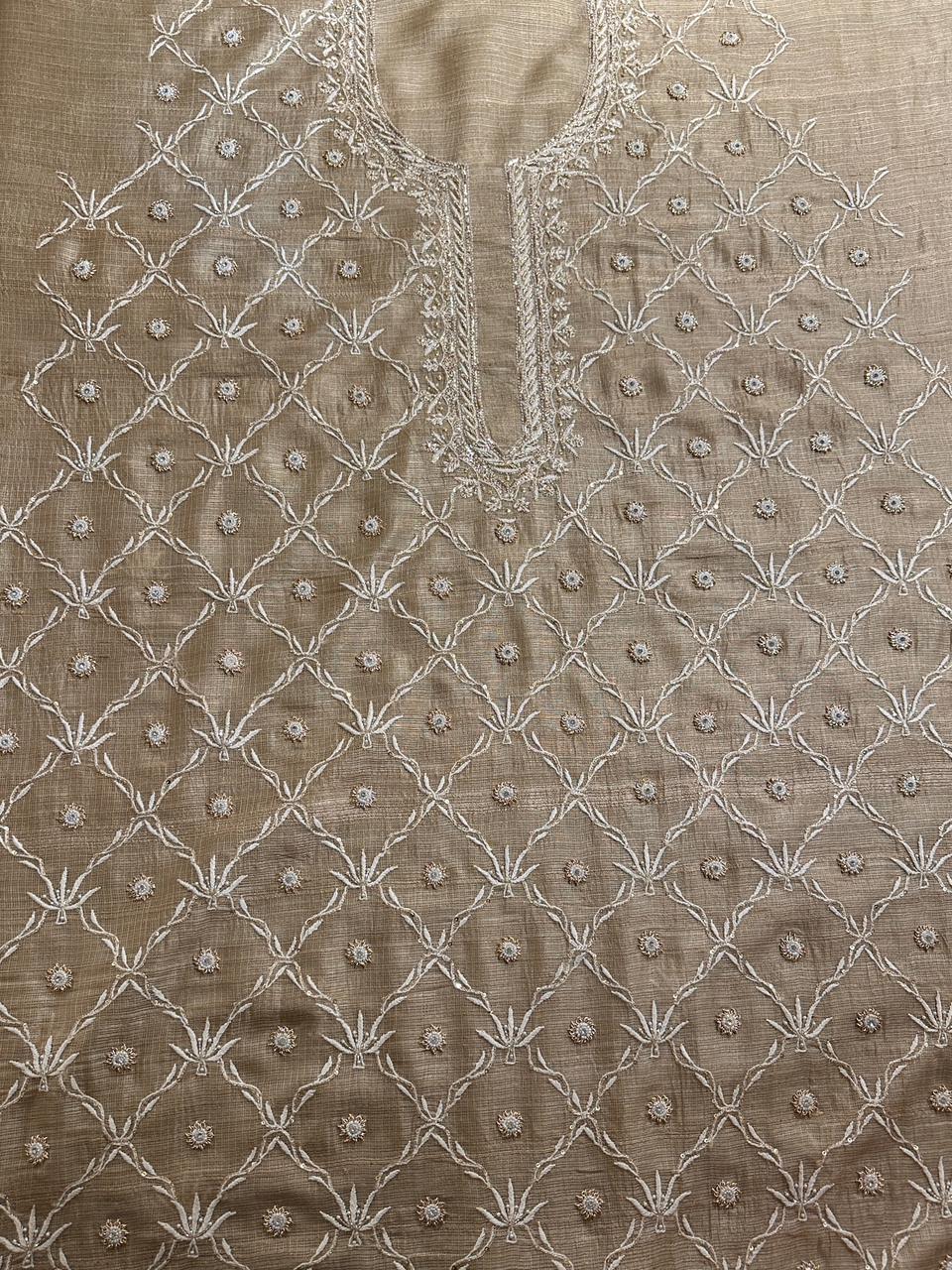 Beige Rasm Tussar Kota Chikankari Unstitched Chikankari Fabrics