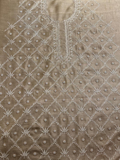 Beige Rasm Tussar Kota Chikankari Unstitched Chikankari Fabrics