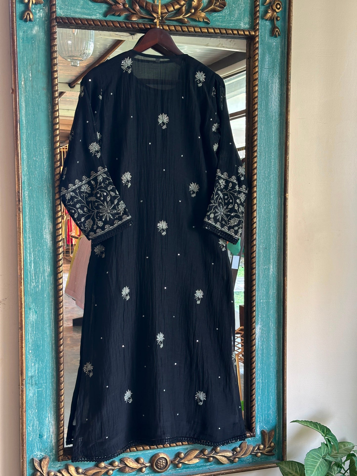 Black Mul Chanderi Chikankari Kurta Set with Pearl & Sequin Work