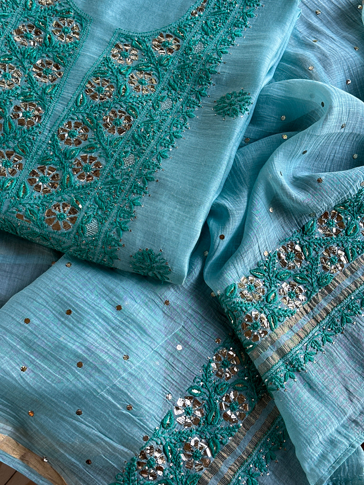 Blue Shade Mal Cotton Chikankari Unstitched Kurta Dupatta Fabric With Mukaish Badla